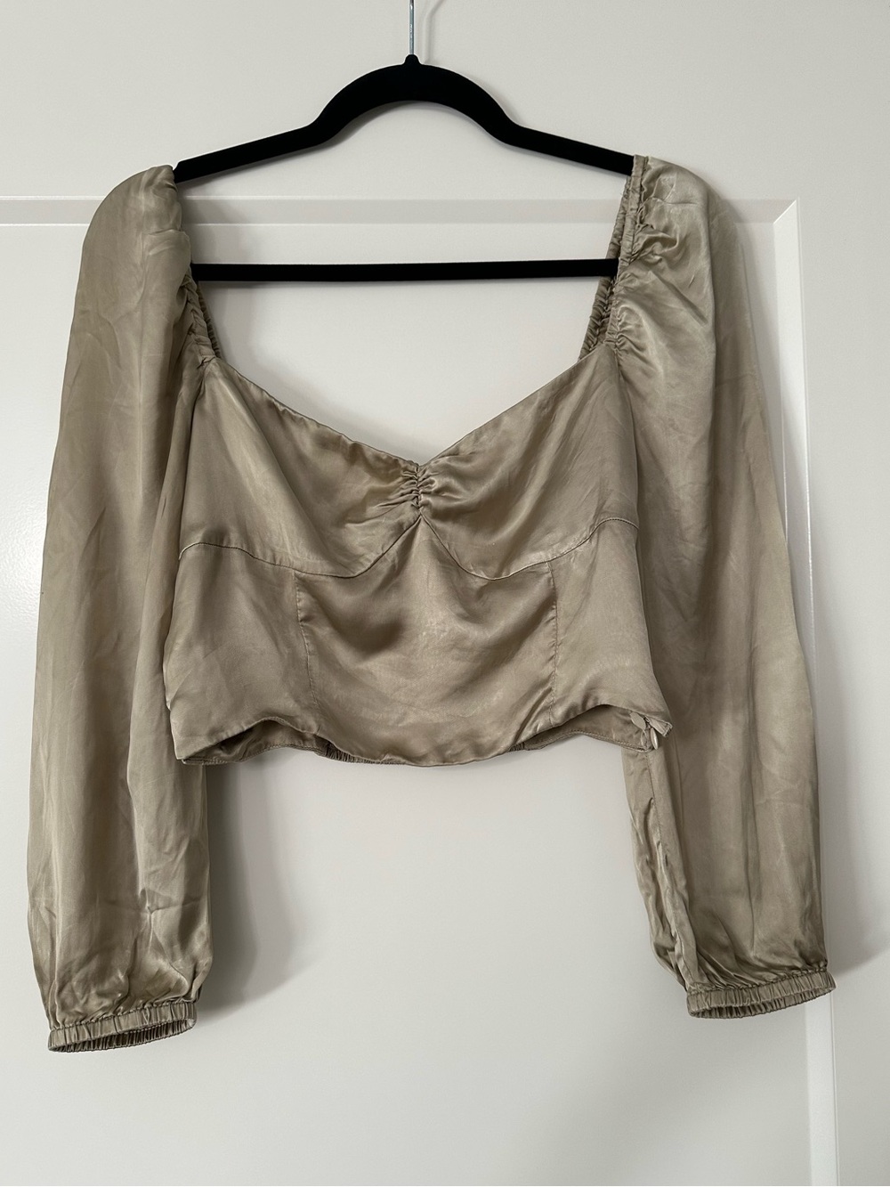 Sunday Best Satin Puff-Sleeve Cropped Blouse - Taupe